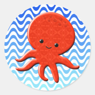 Cute Octopus Tecknad Blue Vågar Runt Klistermärke