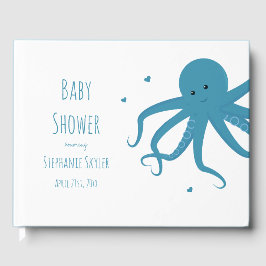 Cute Octopus Tecknad Heart Blue Baby Shower Gästböcker