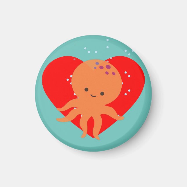 Cute Octopus Tecknad Red Heart Magnet (Framsidan)