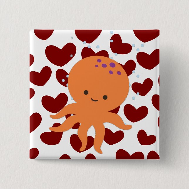 Cute Octopus Tecknad Red Heart Mönster Knapp (Framsida)