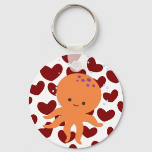 Cute Octopus Tecknad Red Heart Mönster Nyckelring