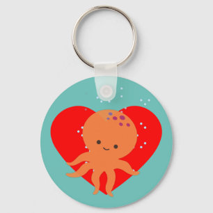 Cute Octopus Tecknad Red Heart Nyckelring