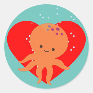 Cute Octopus Tecknad Red Heart Runt Klistermärke