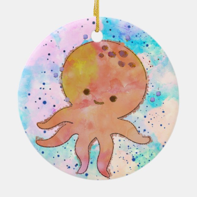 Cute Octopus Tecknad Vattenfärg Julgransprydnad Keramik (Baksidan)