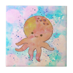 Cute Octopus Tecknad Vattenfärg Kakelplatta