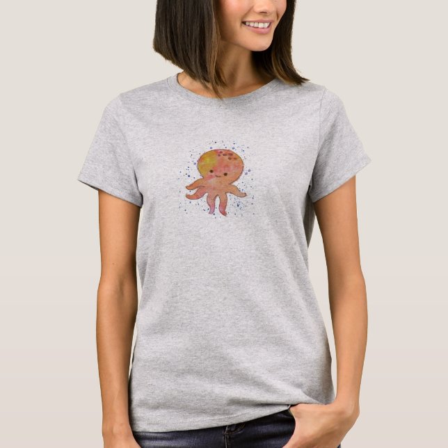 Cute Octopus Tecknad Vattenfärg T Shirt (Framsida)