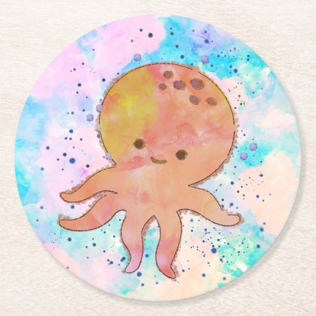 Cute Octopus Tecknad Vattenfärg Underlägg Papper Rund (Framsidan)