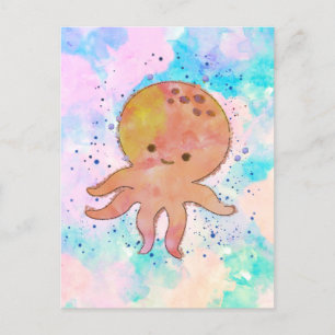 Cute Octopus Tecknad Vattenfärg Vykort
