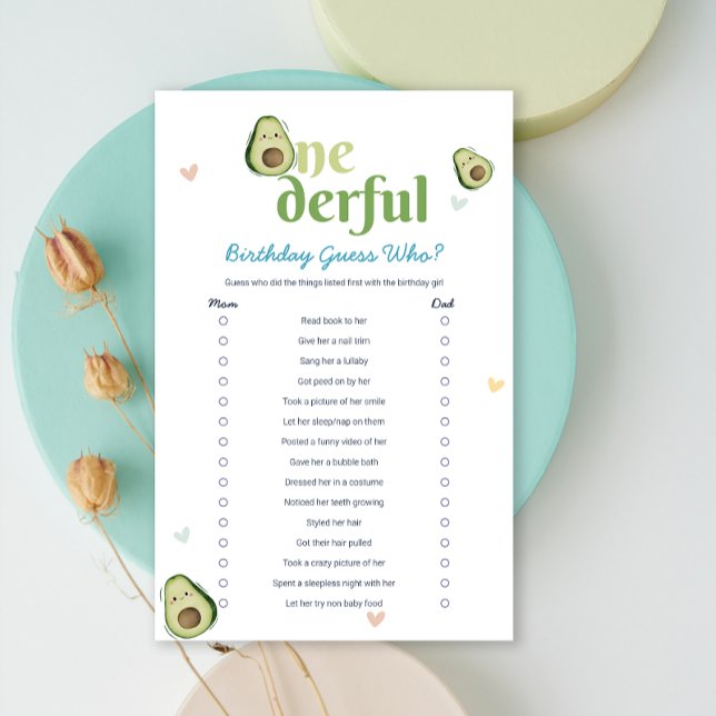 Cute Oenderful Avocado 1:a födelsedagskortet (Cute Onederful Avocado 1st Birthday Game Card)