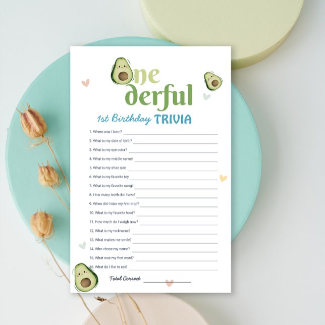 Cute Oenderful Avocado 1:a födelsedagsspelet Trivi (Cute Onederful Avocado 1st Birthday Trivia Game)