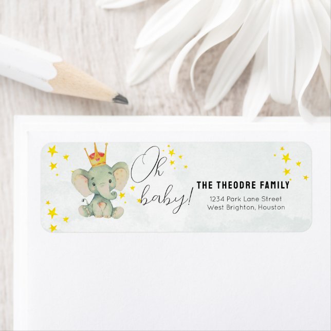 Cute Oh Baby Gender Neutral Elephant Baby Shower Returadress Etikett (Insitu)