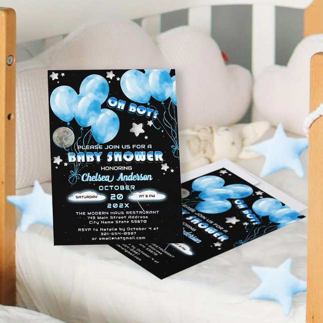 Cute Oh Boy Blue Balloons Night Stars Baby Shower Inbjudningar (Skapare uppladdad)