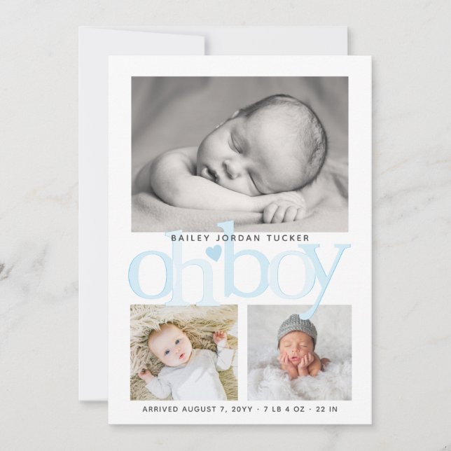 Cute Oh Boy Blue Heart Collage Photo Birth Meddelande (Framsida)