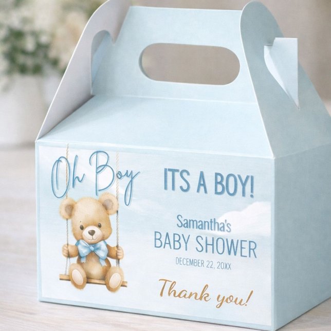 Cute Oh Boy, det är en Tack babyskor. Presentaskar (Elegant baby shower favor box with teddy bear theme and soft blue details.)