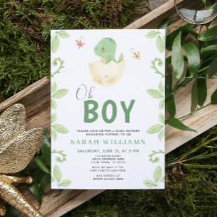 Cute Oh Boy Dinosaur Grönt Watercolor Baby Shower Inbjudningar