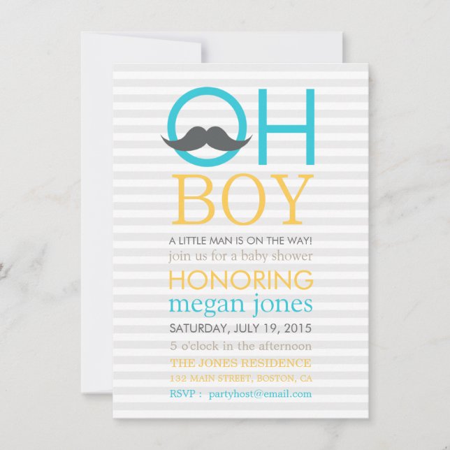 Cute Oh Boy Mustache Baby Shower-inbjudningar Inbjudningar (Framsida)