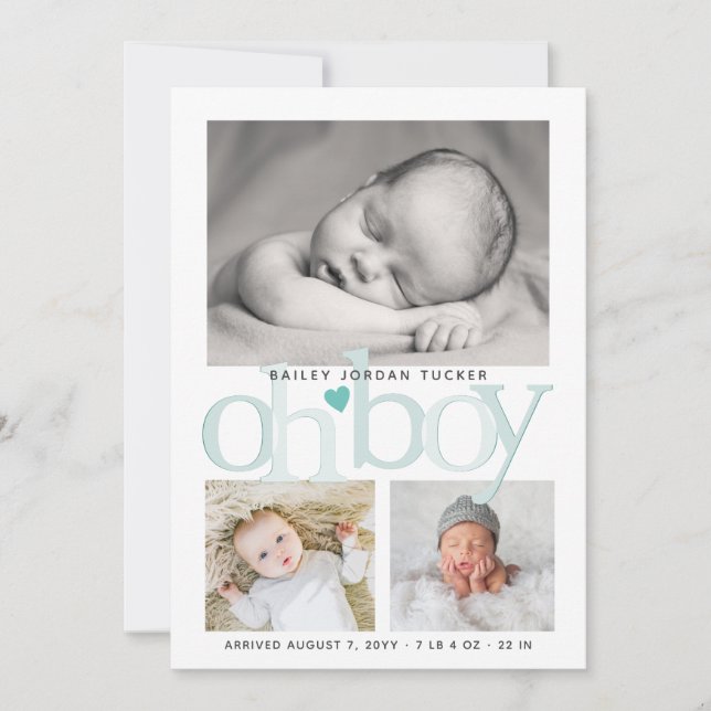 Cute Oh Boy Teal Blue Heart Collage Photo Birth Meddelande (Framsida)
