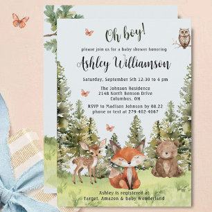 Cute Oh Boy Woodland Animals Greenery Baby Shower Inbjudningar