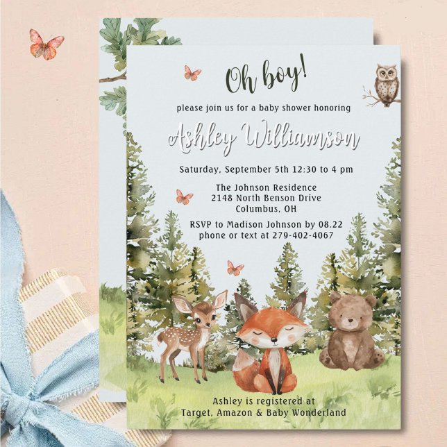Cute Oh Boy Woodland Animals Greenery Baby Shower Inbjudningar (Skapare uppladdad)