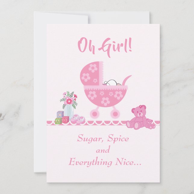 Cute "Oh Girl" Baby Carriage Baby Shower Inbjudningar (Framsida)