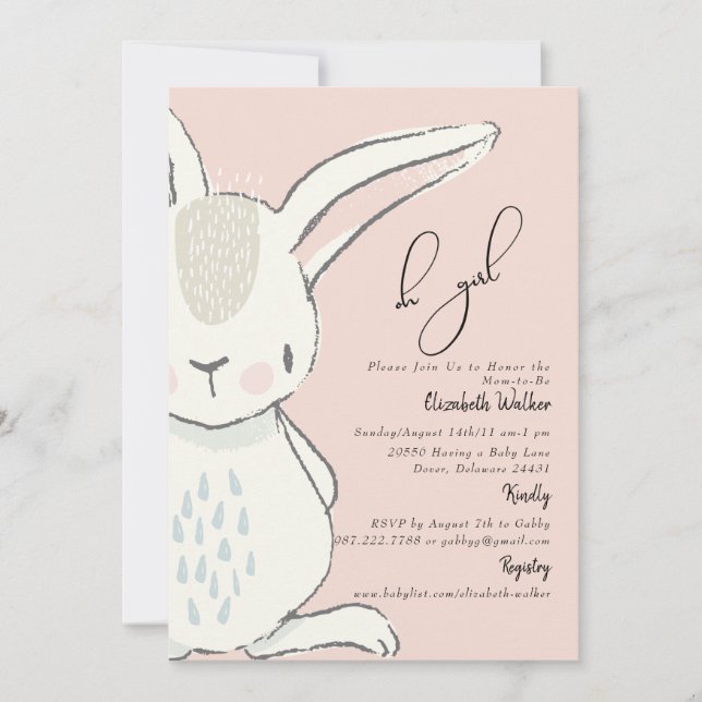 Cute Oh Girl Cute Rabbit Rosa Baby Shower Inbjudningar (Framsida)