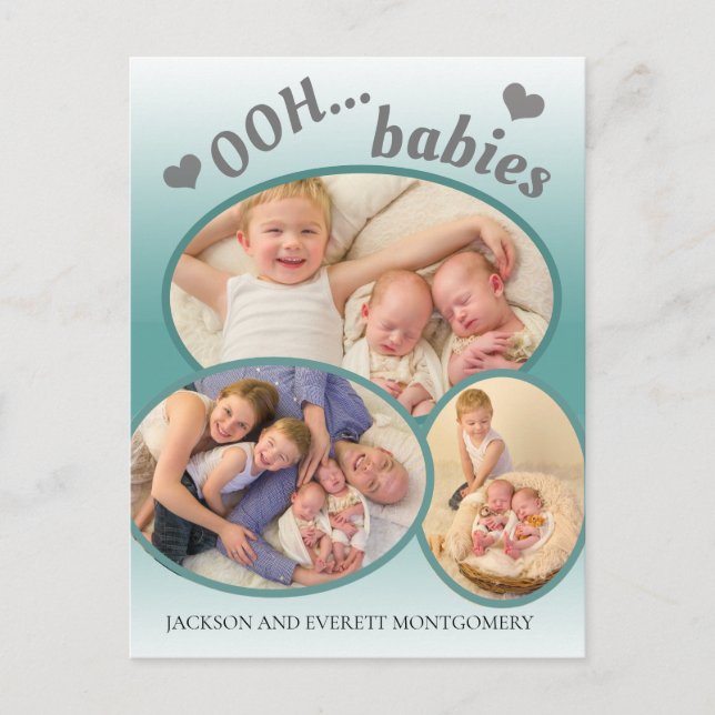 Cute Oh Spädbarn Twin Photo Teal Birth Meddelanden (Framsida)