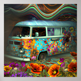 Cute old Combi van blåa blommor hippy time Poster