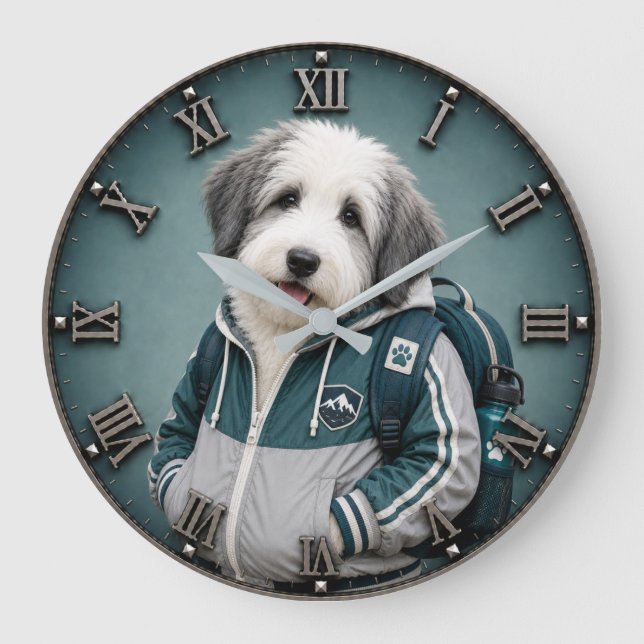 Cute Old English Sheepdog Puppy Stor Klocka (Framsida)