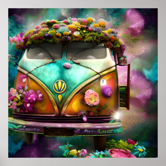 Cute old, mycket rostig Combi van blommor hippy ti Poster (Framsidan)