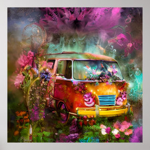 Cute old, mycket rostig Combi van blommor hippy ti Poster