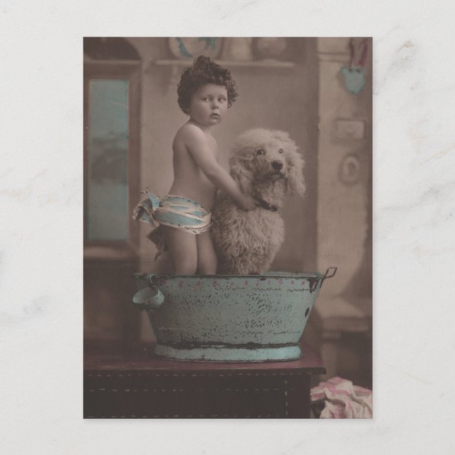 Cute Old Photo Little Kid med Hund i Bathtub Vykort (Framsida)