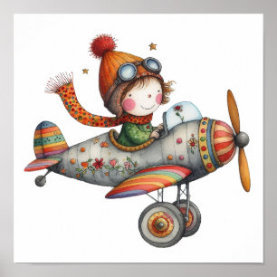 Cute Old Propeller Flygplan Children's Art Poster