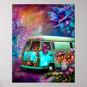 Cute old rosty Combi van med blommor 1970-talet Poster