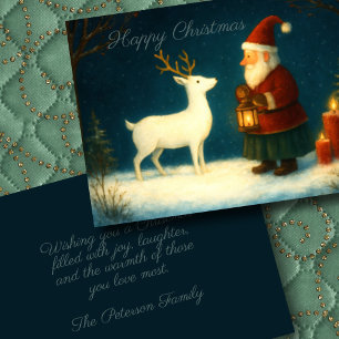 Cute Olde World Santa Illustration med vit Hjort Kort