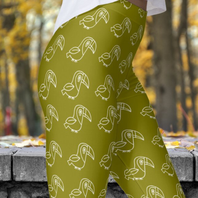 Cute Oliv grönt Toucan Bird Mönster Leggings (Tocan Bird on Olive)