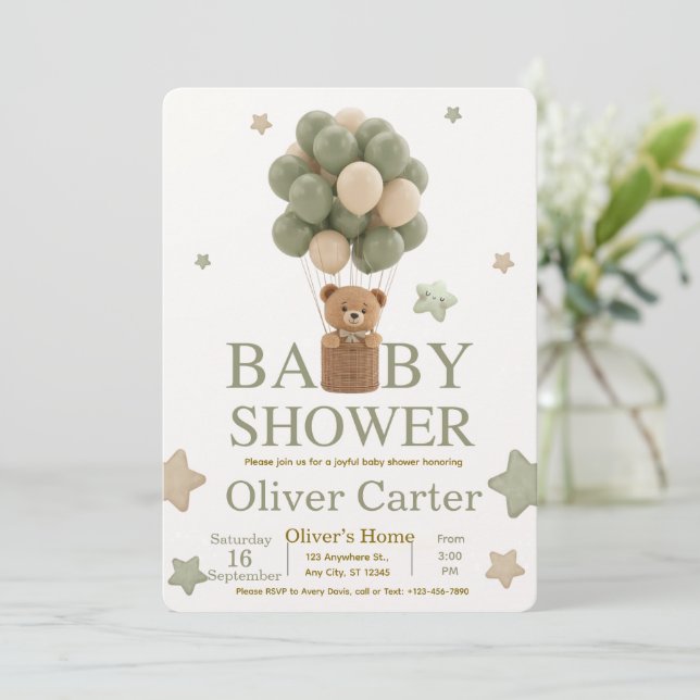 Cute Olive Green Boy Baby Shower Invitation Inbjudningar (Stående Fram)