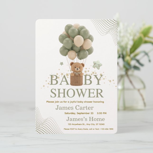 Cute Olive Green Boy Baby Shower Invitation Inbjudningar (Stående Fram)