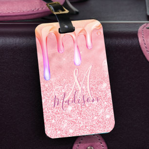 Cute ombre guld faux glitter droppar i ro i monogr bagagebricka