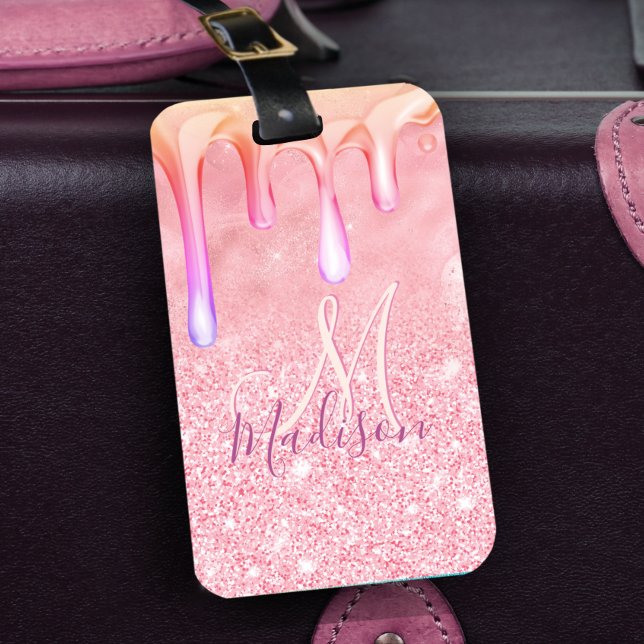 Cute ombre guld faux glitter droppar i ro i monogr bagagebricka (Skapare uppladdad)