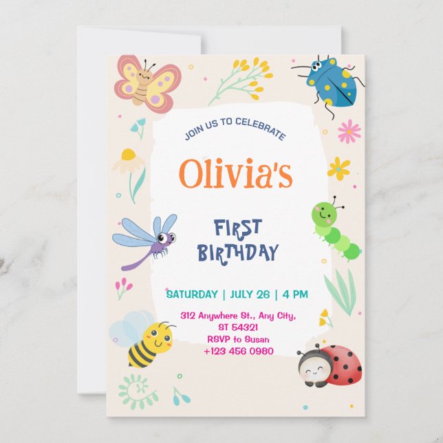 Cute One Bug & Butterflies 1st Birthday Invitation Inbjudningar (Framsida)