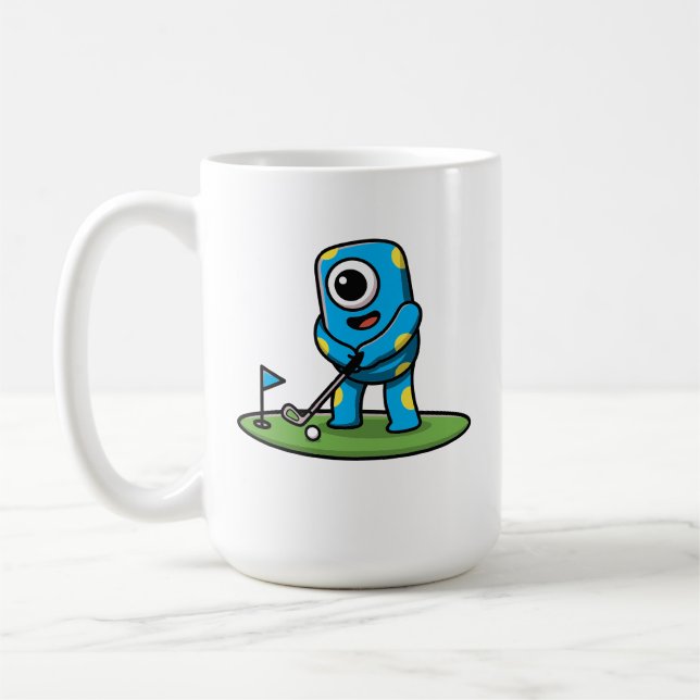 Cute One-Eyed Pink Monster Playing Golf Cartoon Kaffemugg (Vänster)