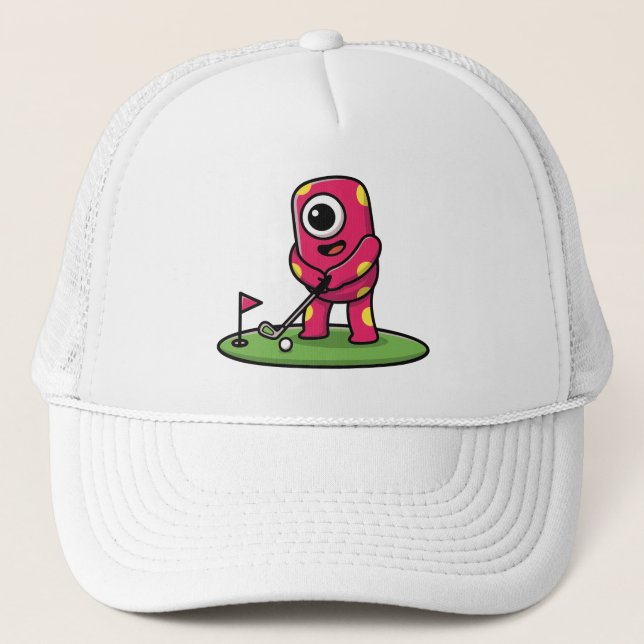 Cute One-Eyed Pink Monster Playing Golf Cartoon Keps (Framsida)