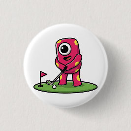 Cute One-Eyed Pink Monster Playing Golf Cartoon Knapp