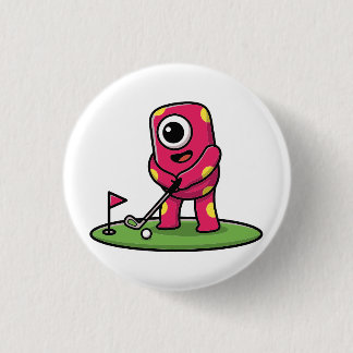 Cute One-Eyed Pink Monster Playing Golf Cartoon Knapp