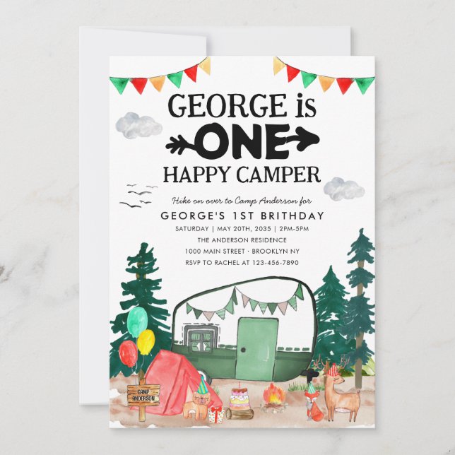 Cute ONE Lycklig Camper Skogen Camping 1:a födelse Inbjudningar (Framsida)