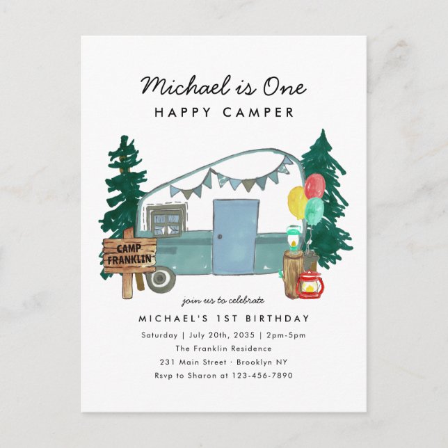 Cute One Lycklig Camper Träd Camping 1:a födelseda Vykort (Framsida)