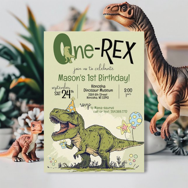 Cute One-Rex Dinosaur Cartoon 1st Birthday Party Inbjudningar (Cute modern cartoon T-Rex Dinosaur One-Rex, boy 1st birthday party printable invitation, green TRex)