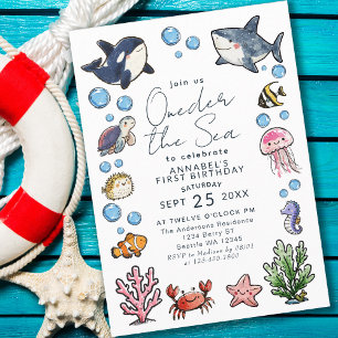 Cute Oneder Sea Ocean Kids första födelsedag Inbjudningar