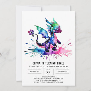 Cute Online Dragon Digital Girl Birthday Inbjudningar