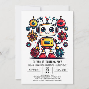 Cute Online Metallic Robot Birthday Inbjudningar